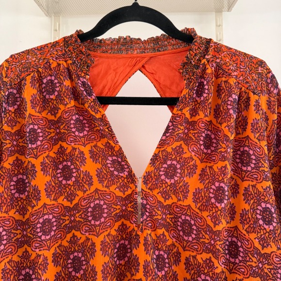 Free People Gabi Printed Tunic Top Orange Purple Open Back XS Boho Belle sleeve - Picture 3 of 8